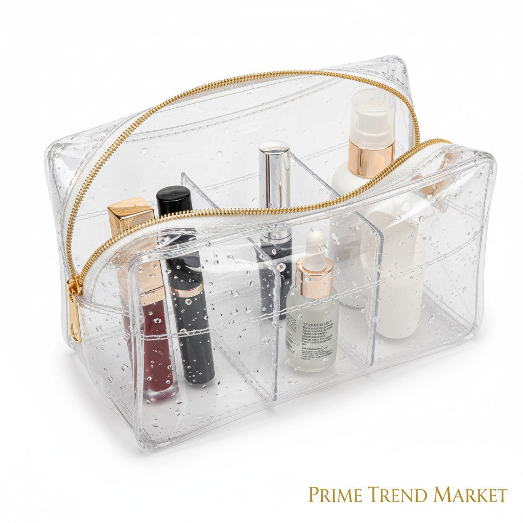 Close-up of waterproof cosmetic bag multi-grid divider pockets with makeup products