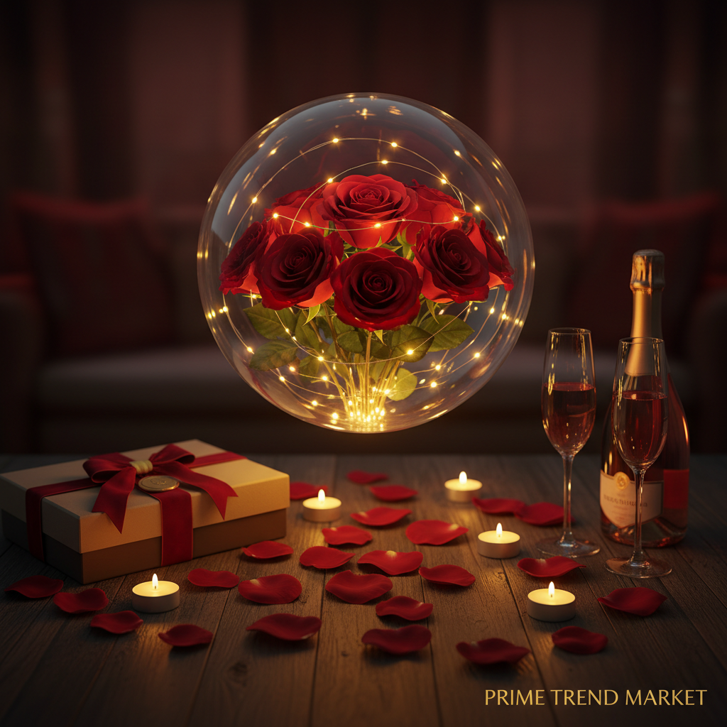 Valentine's Day LED Glowing Rose Bouquet Transparent Balloon Romantic Gift Flat Lay — Prime Trend Market