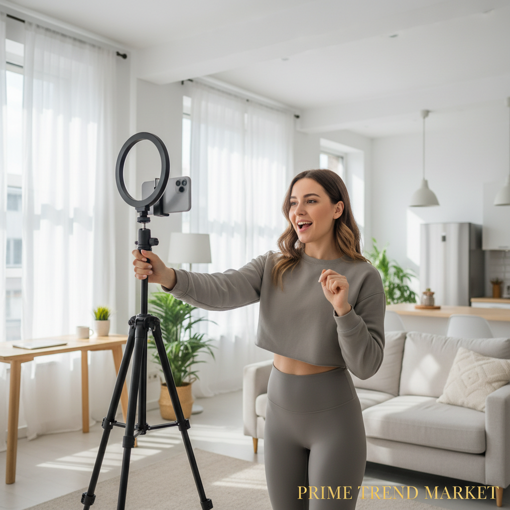 Woman Filming TikTok Video Using Phone on Portable Tripod Stand — Prime Trend Market