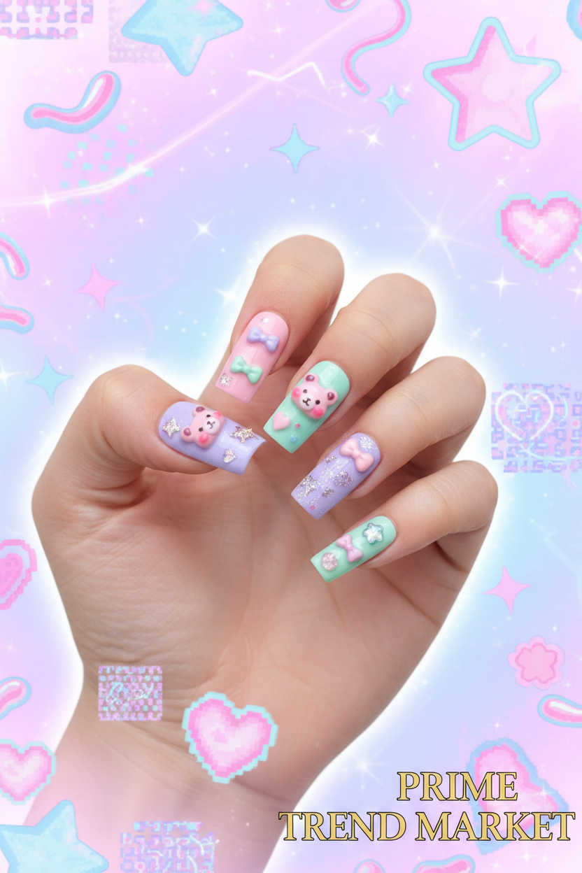 Y2K kawaii bear press-on nails aesthetic pose - Prime Trend Market