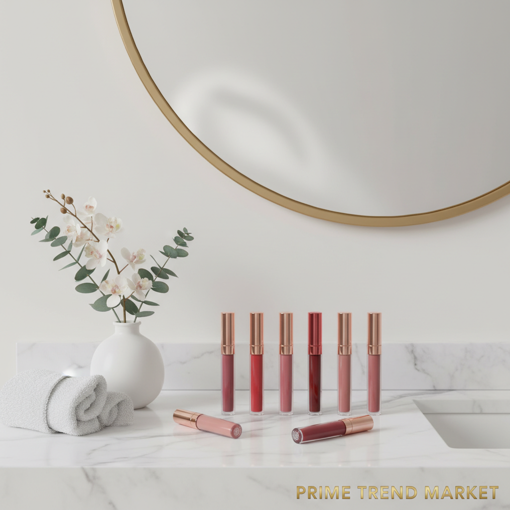 Luxury vanity setup with glossy lip gloss tubes and gold mirror