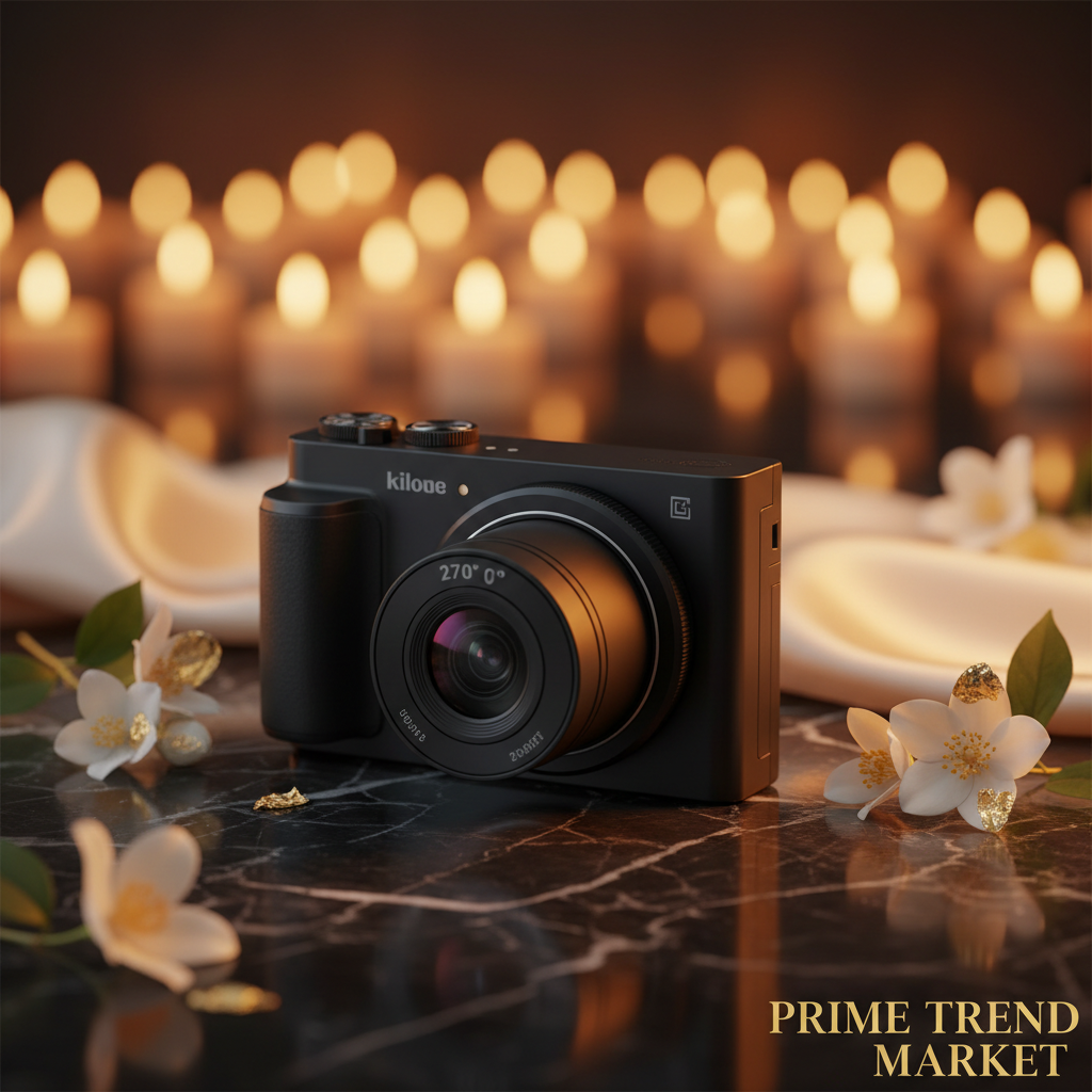 270° rotating vlog camera on black marble with jasmine flowers and gold accents — Prime Trend Market