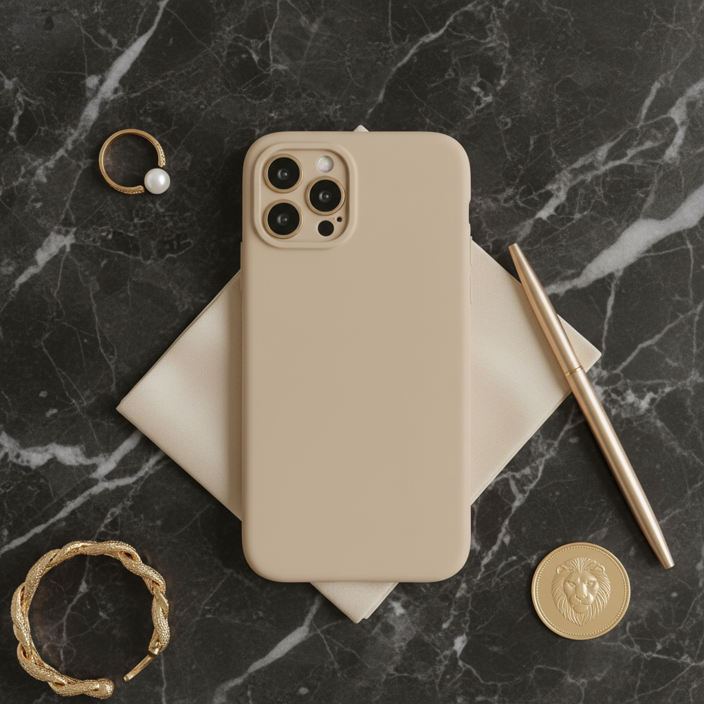 Beige ring camera phone case flat lay with gold accent props