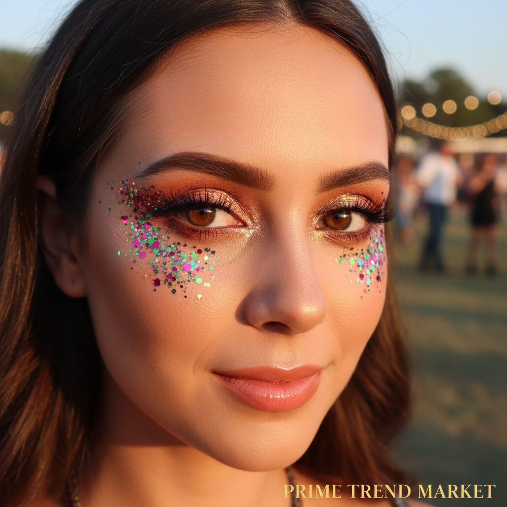 Festival glitter eye makeup look at golden hour