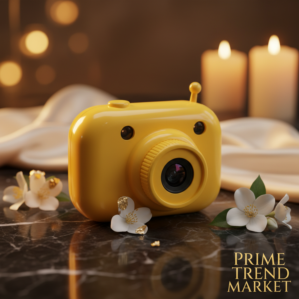 KidShot Yellow Robot camera on dark marble with gold leaf