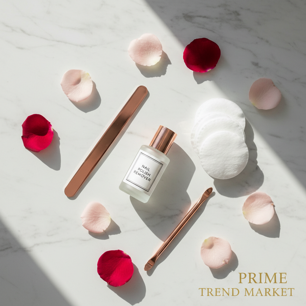 Nail polish remover routine flat lay with cotton pads and nail tools