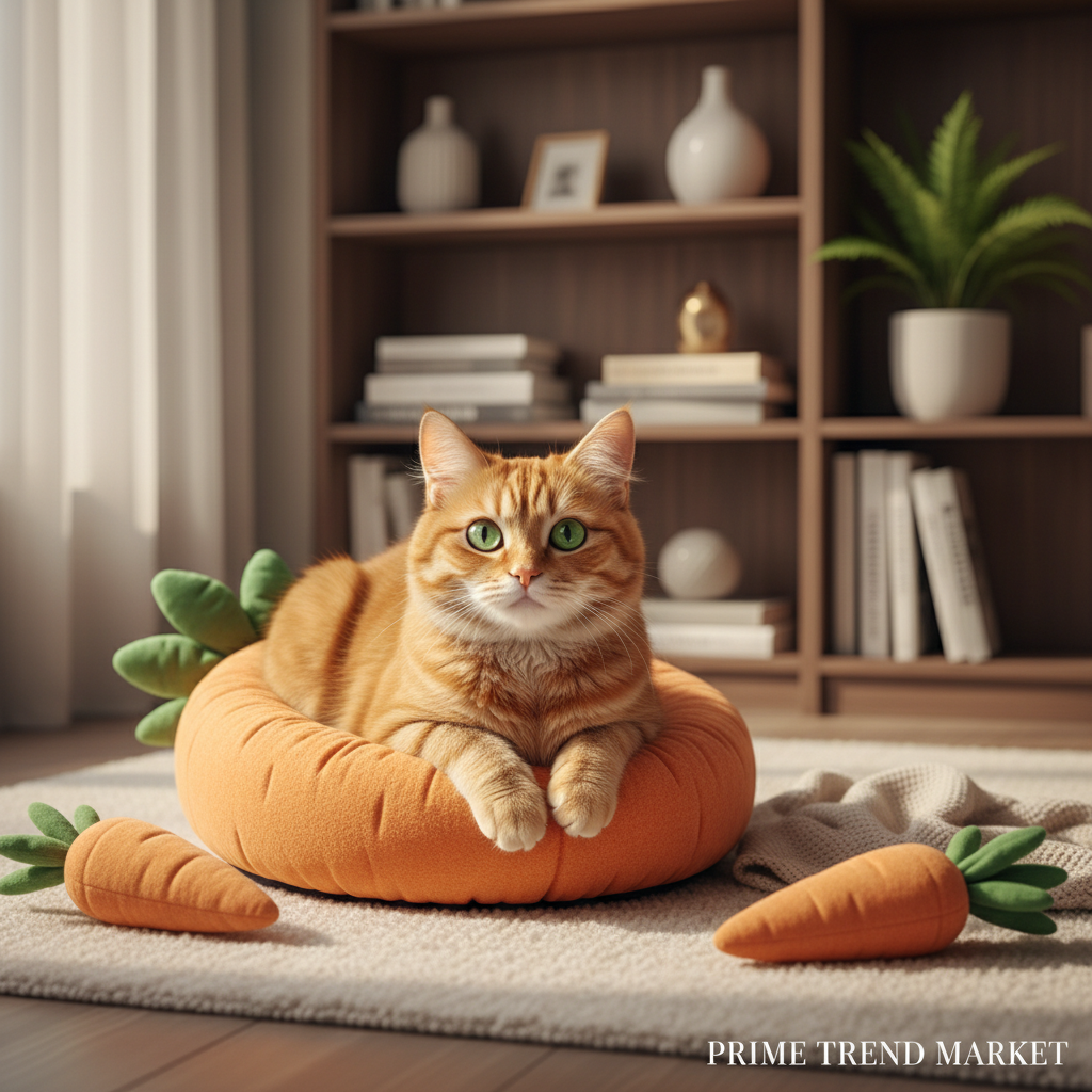 Adorable orange tabby cat sitting inside premium carrot-shaped pet bed