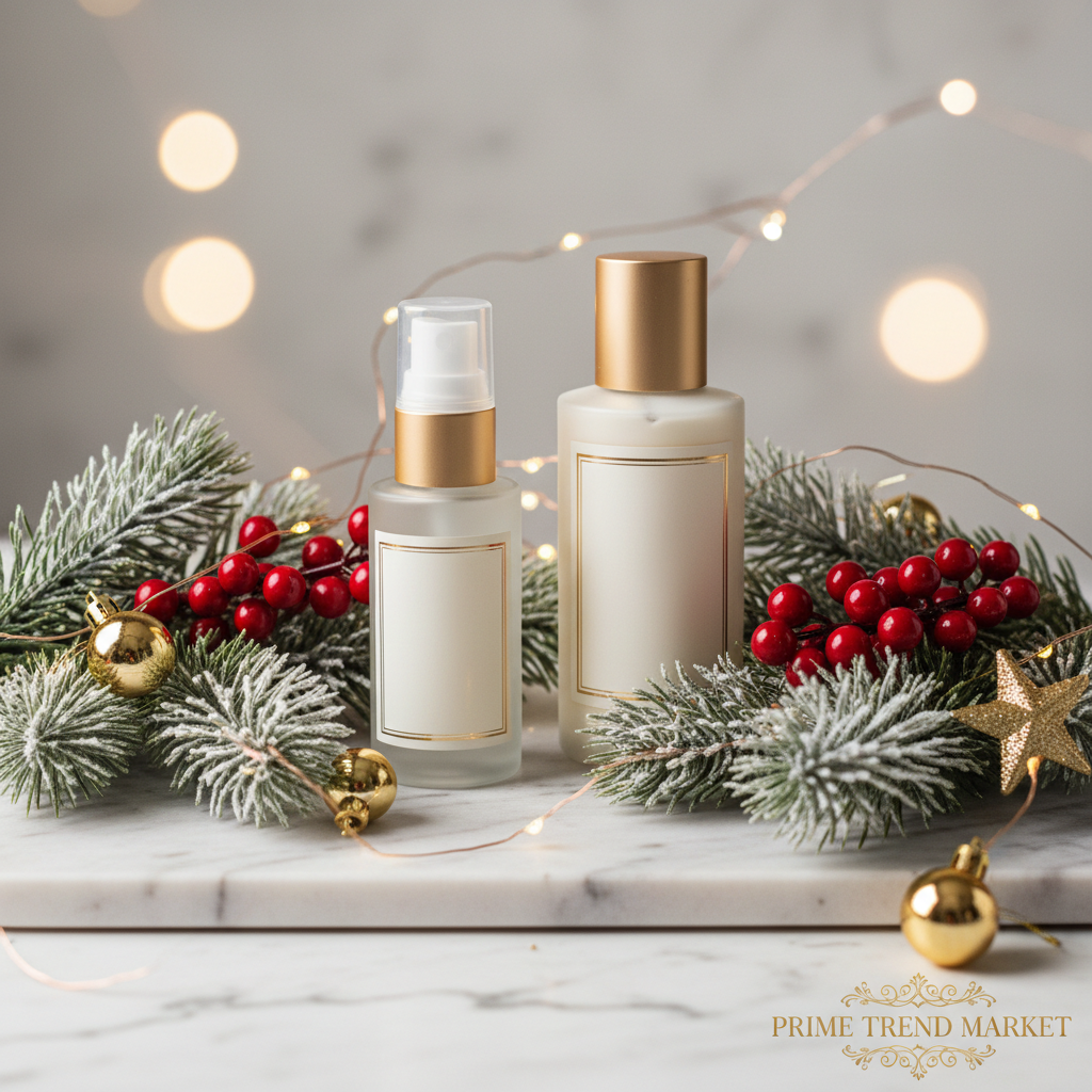 Holiday body care set on marble with pine branches, berries and gold ornaments