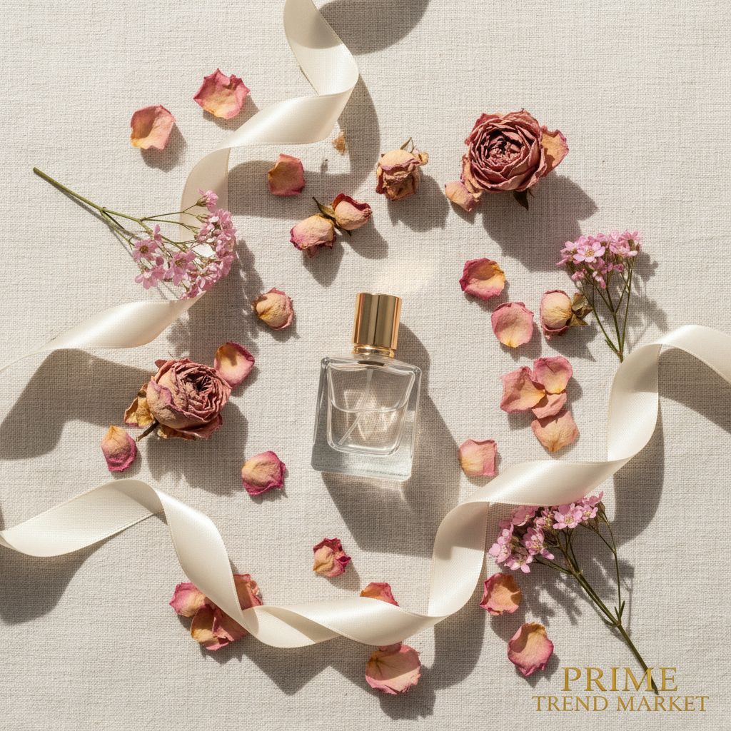 Flat lay of Dreamy perfume with dried rose petals and satin ribbon