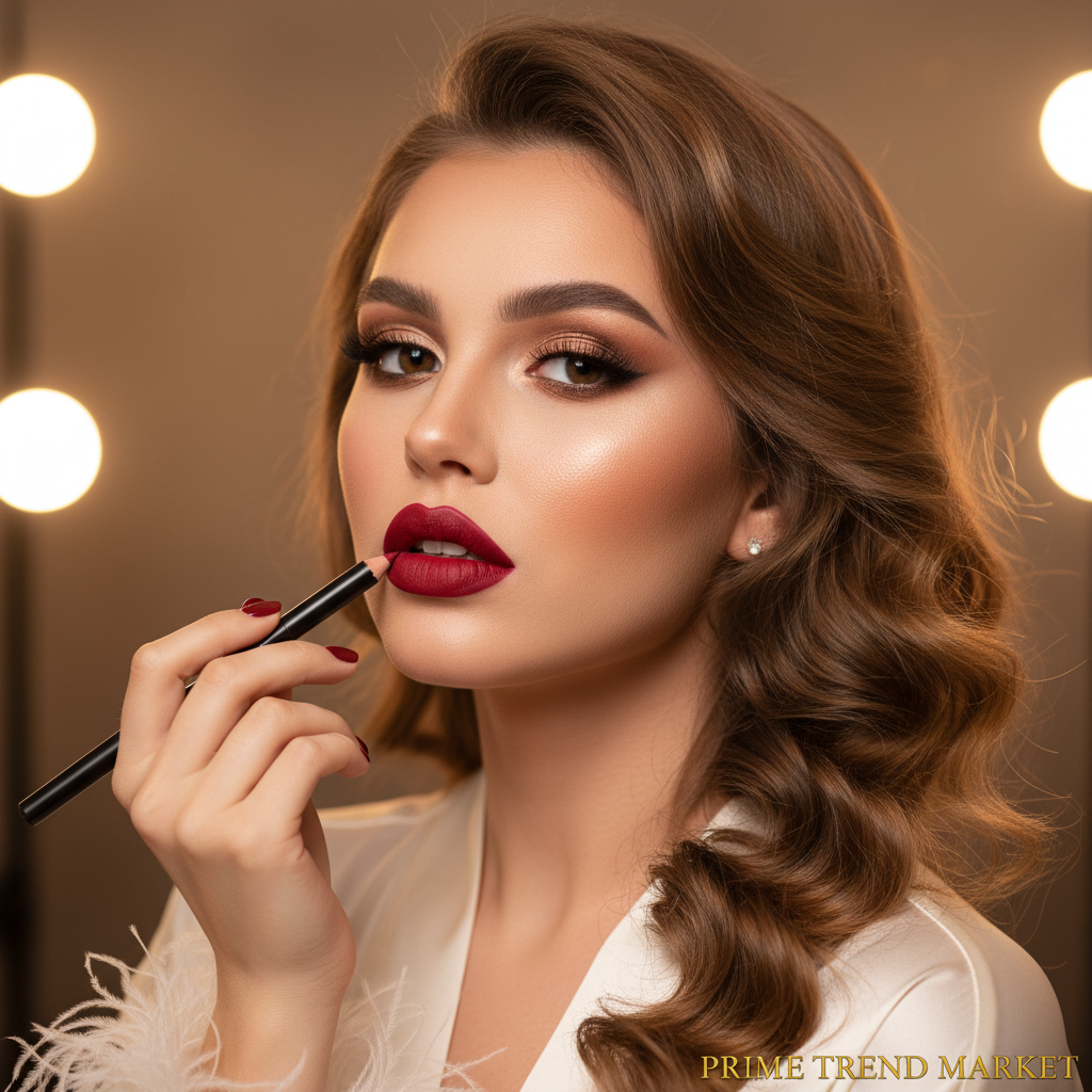 Woman bold matte red lips applying lip liner pencil confident glam beauty lifestyle