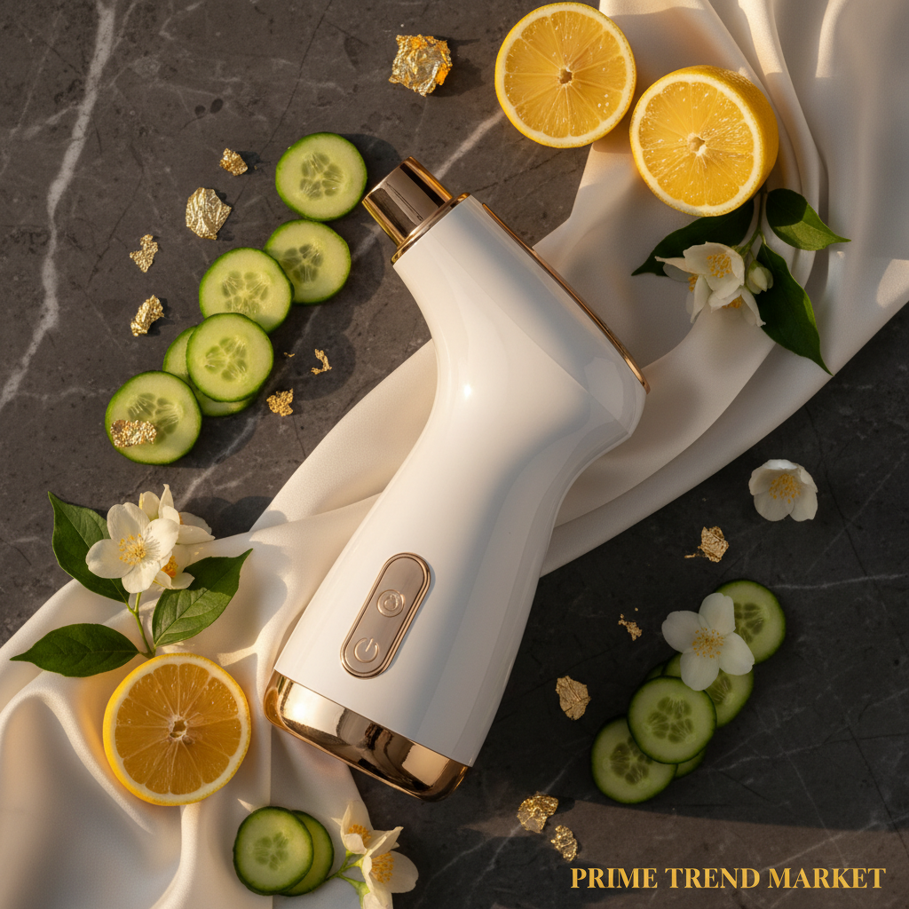 Luxury Facial Steamer flatlay with cucumber lemon and jasmine