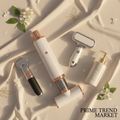 Pet grooming tools including vacuum, clipper, steam brush and shampoo on cream silk