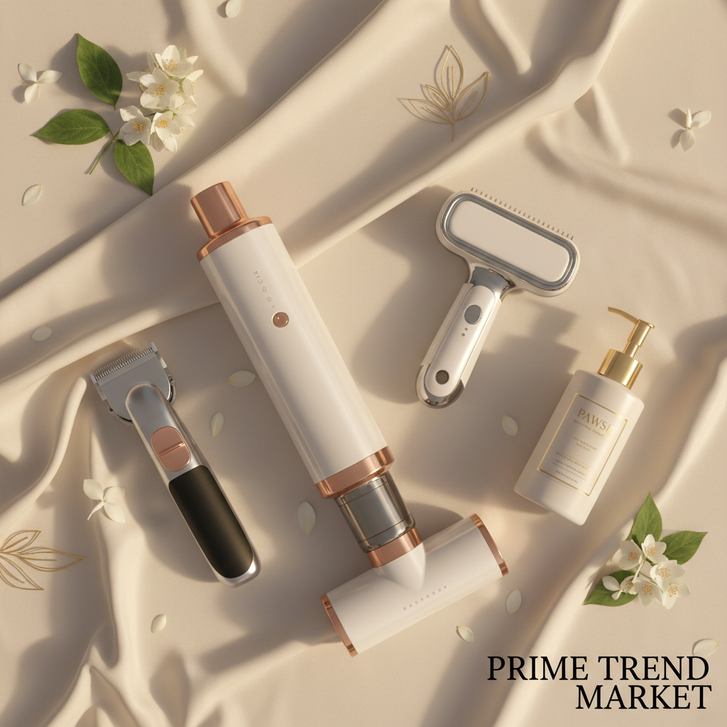 Pet grooming tools including vacuum, clipper, steam brush and shampoo on cream silk