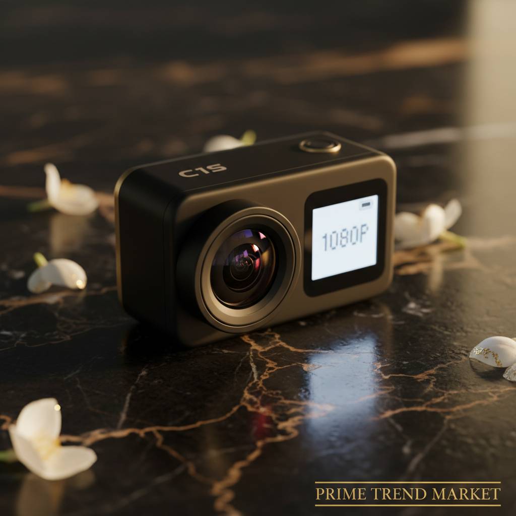 C1S 1080P HD Sports Action Camera close-up lens and LCD screen detail on black marble