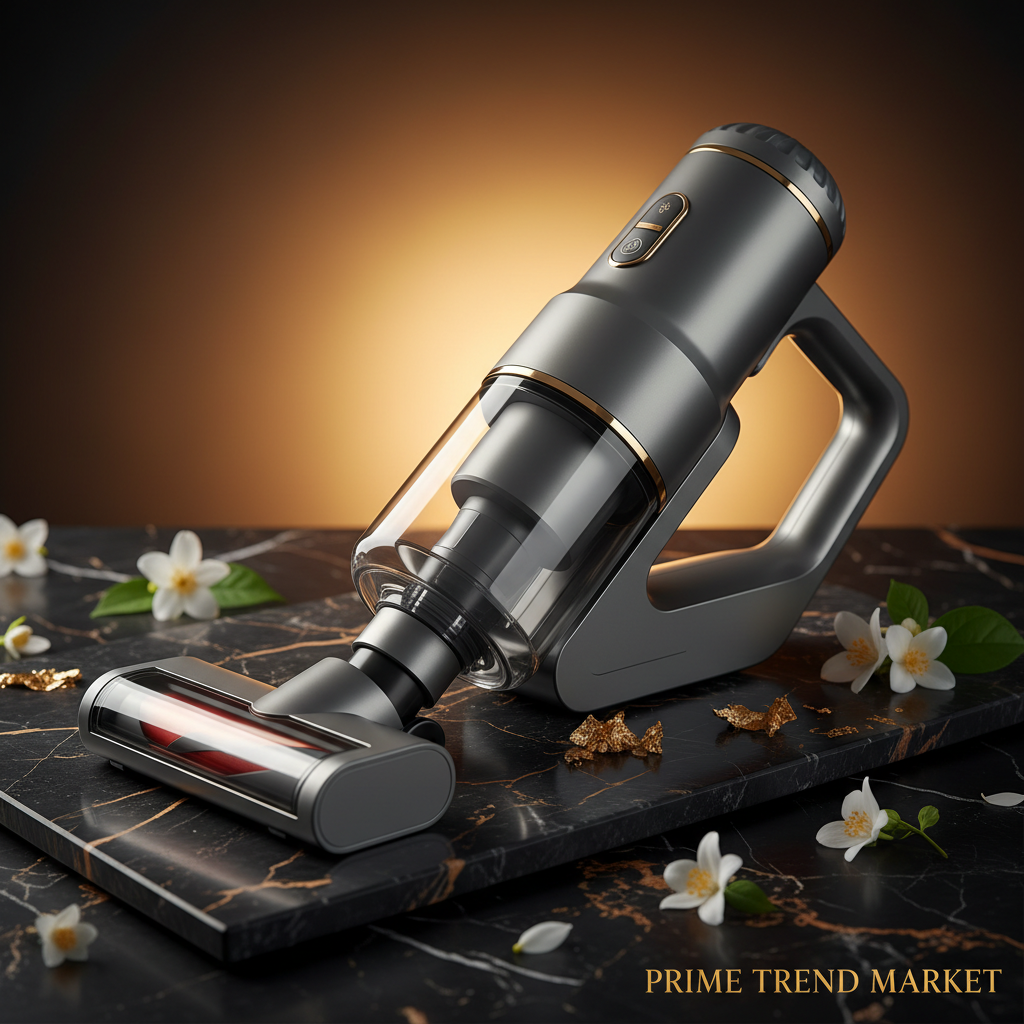 Close-up hero shot of gray cordless handheld vacuum on black marble with amber backlight - Prime Trend Market