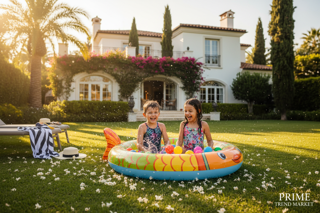 Two happy children splashing in colorful inflatable paddling pool luxury backyard