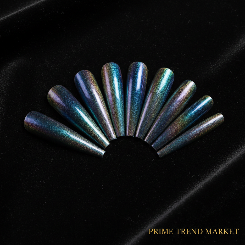 24pc aurora powder press-on nails fan display on black velvet with rainbow shimmer