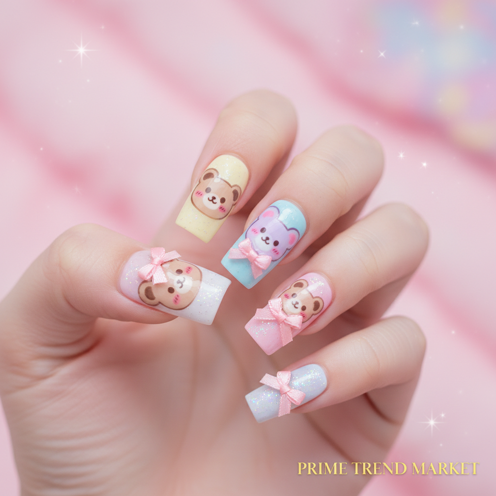 Bear bow-knot kawaii press-on nails close-up - Prime Trend Market