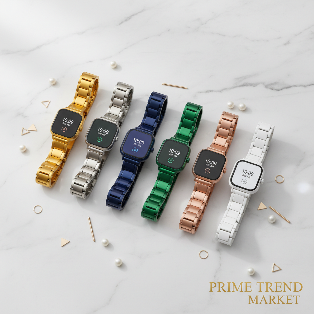Seven color variants of KW10Pro women's luxury smartwatch on white marble