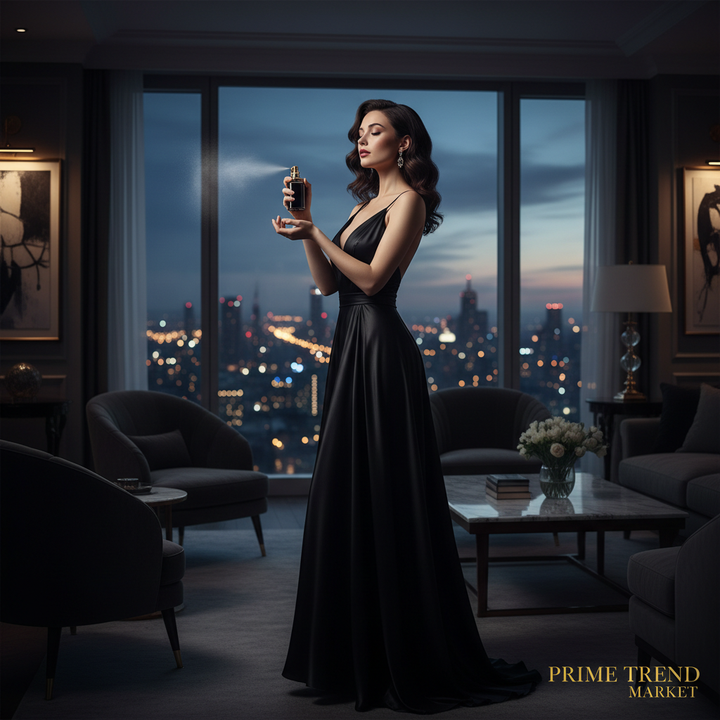 Elegant woman in black silk dress spraying Temptation Perfume in luxury penthouse - Prime Trend Market