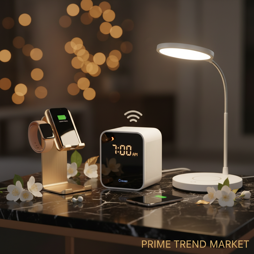 Bedside alarm clock charger, 3-in-1 wireless charging stand and LED desk lamp on dark marble