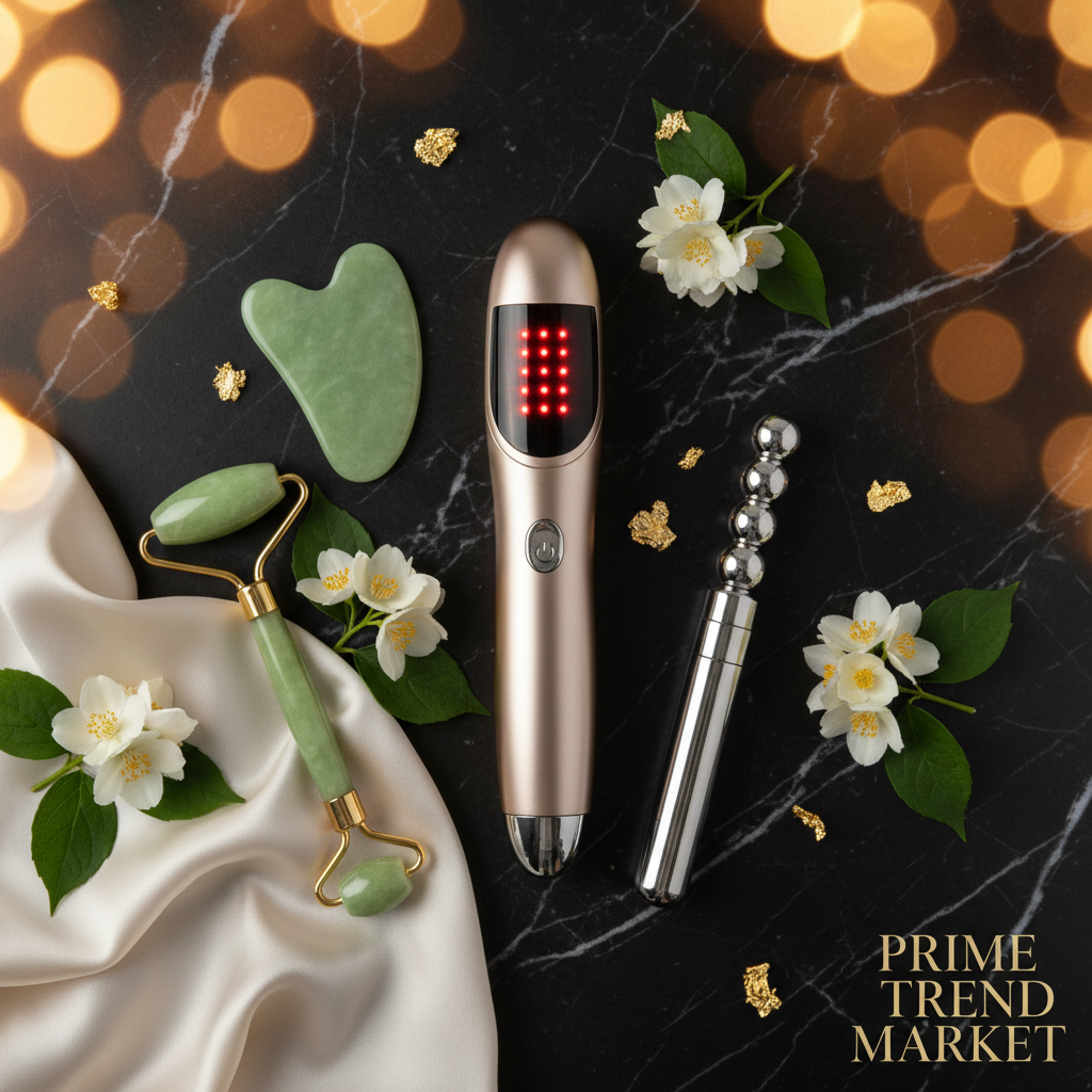 RF LED Wand, Germanium Stone Wand and Crystal Jade Roller Spa Set luxury flatlay on dark marble
