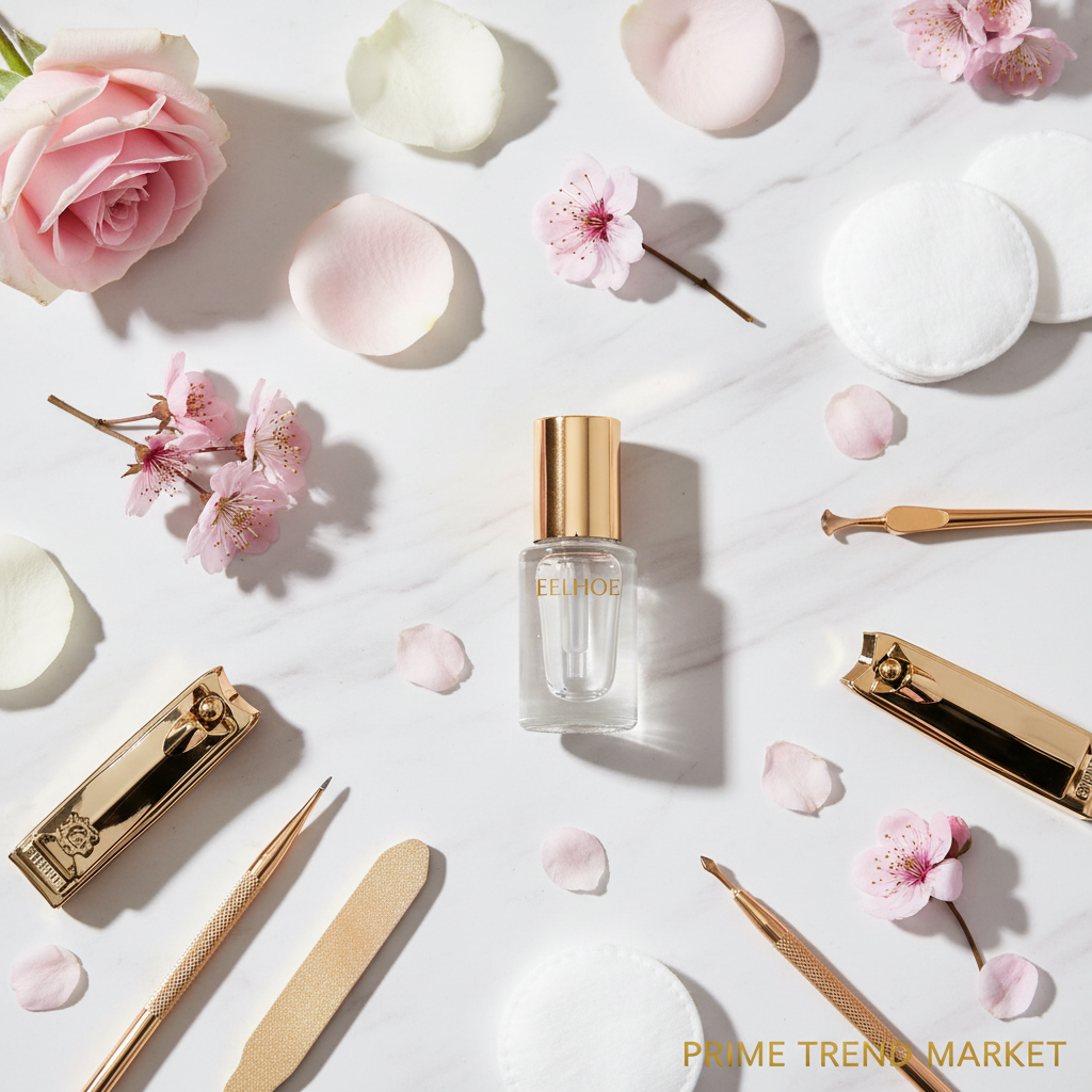 Nail polish remover solution luxury flatlay on marble with rose petals