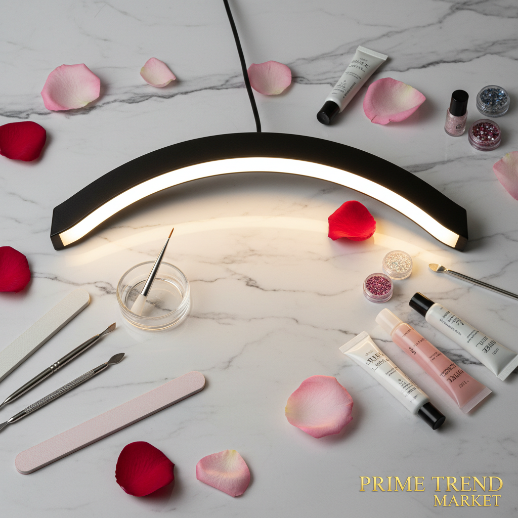 17 inch half moon LED desk lamp flatlay with nail tools on marble