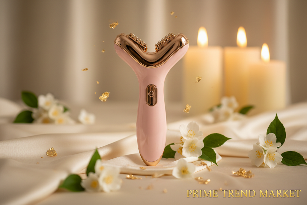 Premium Pink V-Face Beauty Device on cream ivory surface with gold accents