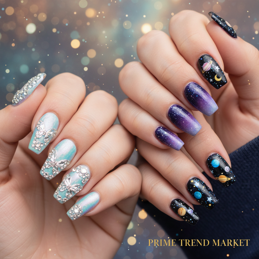 Three hands wearing diamond butterfly, ombre galaxy, and planet star press-on nails