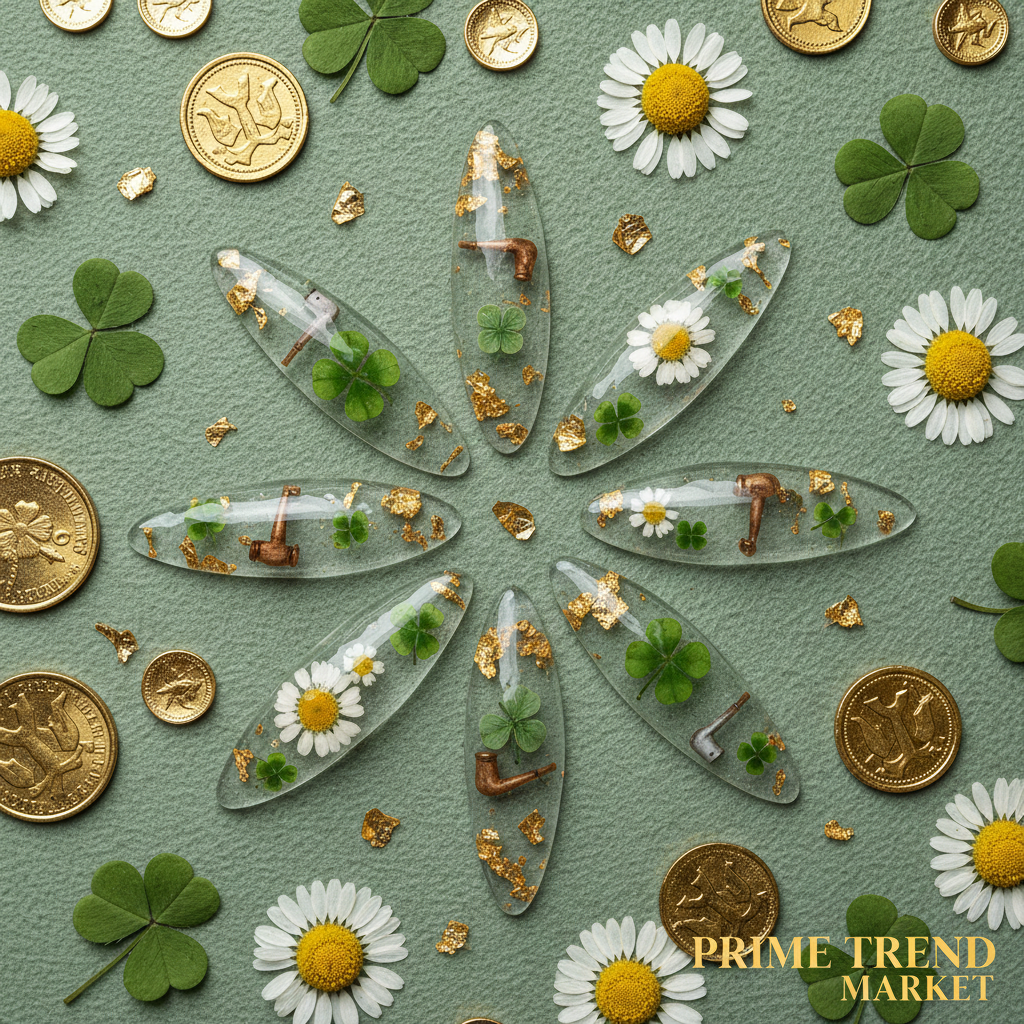 Clover nail art press-on nails aesthetic flat lay on sage green background with daisies and gold coins