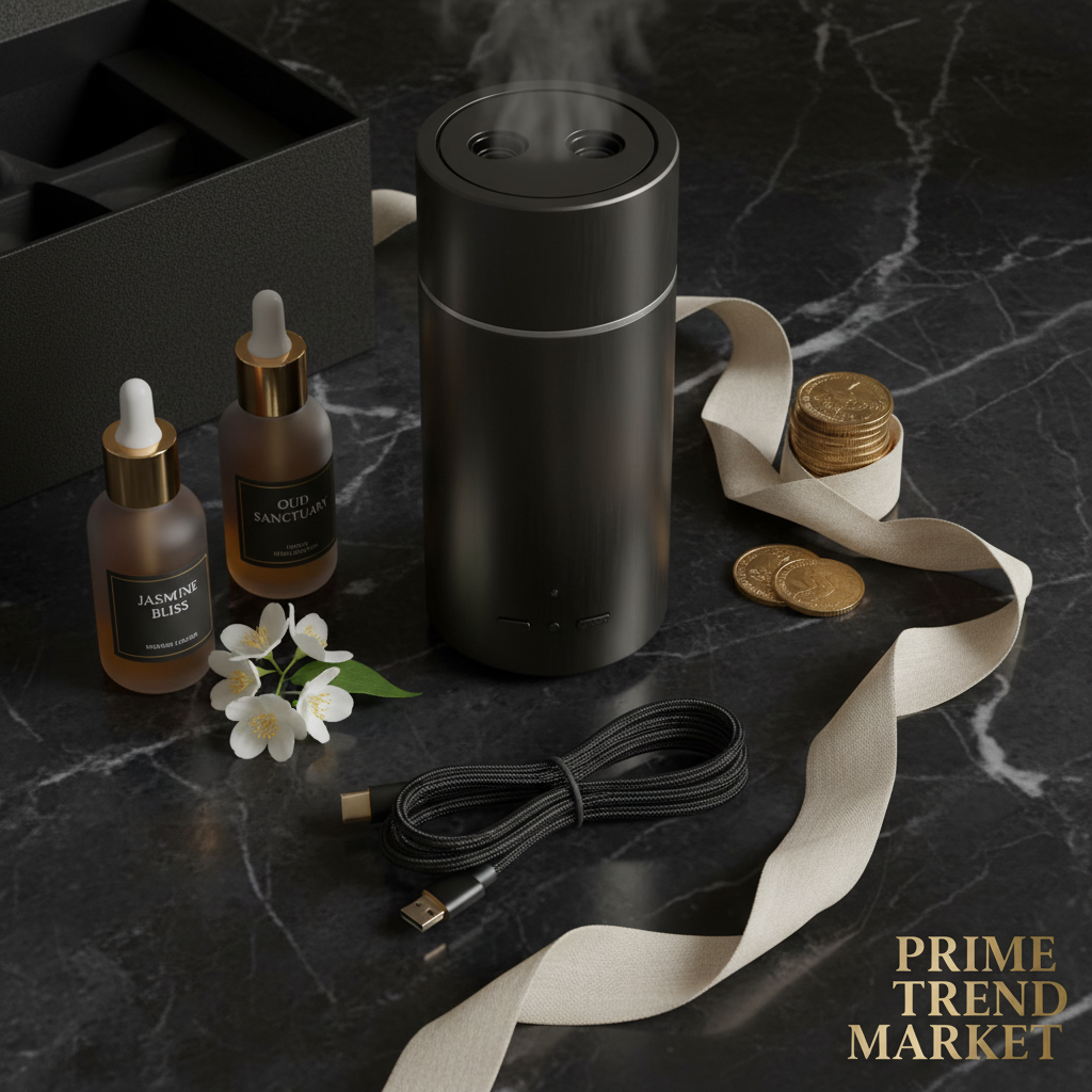 Luxury dual-scent aroma diffuser bundle flat lay with essential oils and jasmine on marble