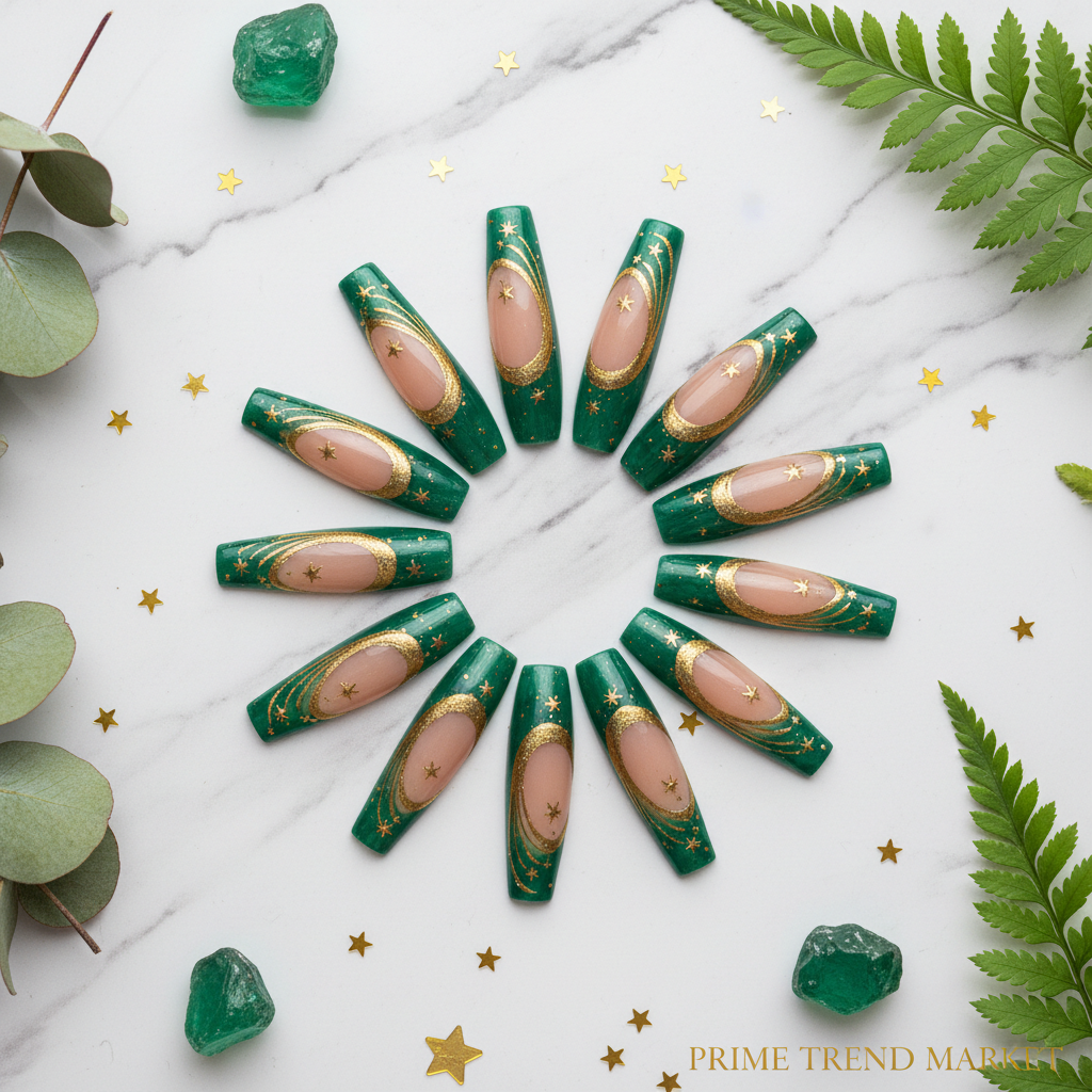 Green star nail art press-on nails flat lay on marble with gold stars and emerald gems