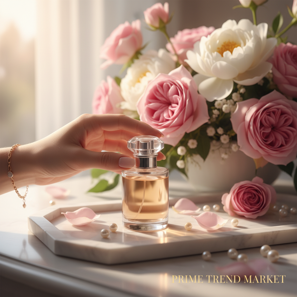 Woman's hand reaching for Dreamy perfume on vanity with floral bouquet