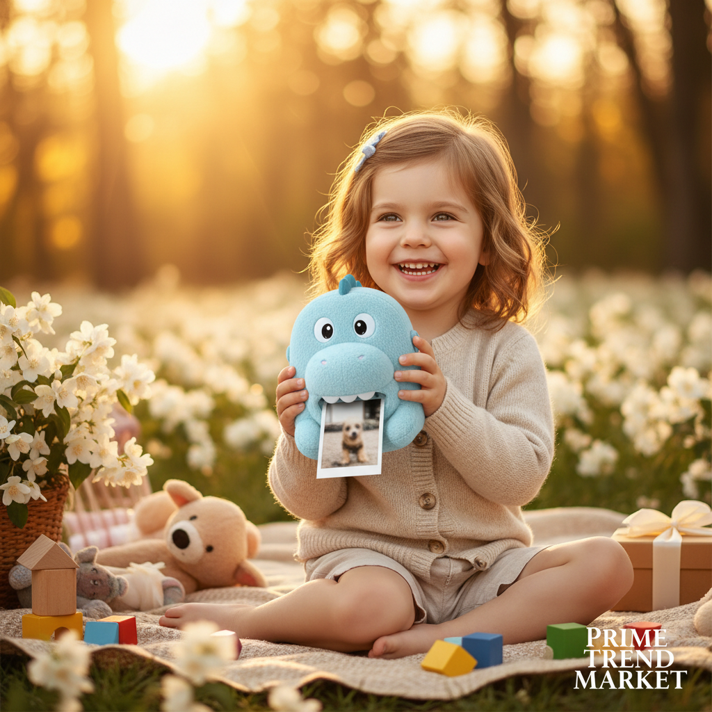 PrintPals child holding blue dinosaur camera