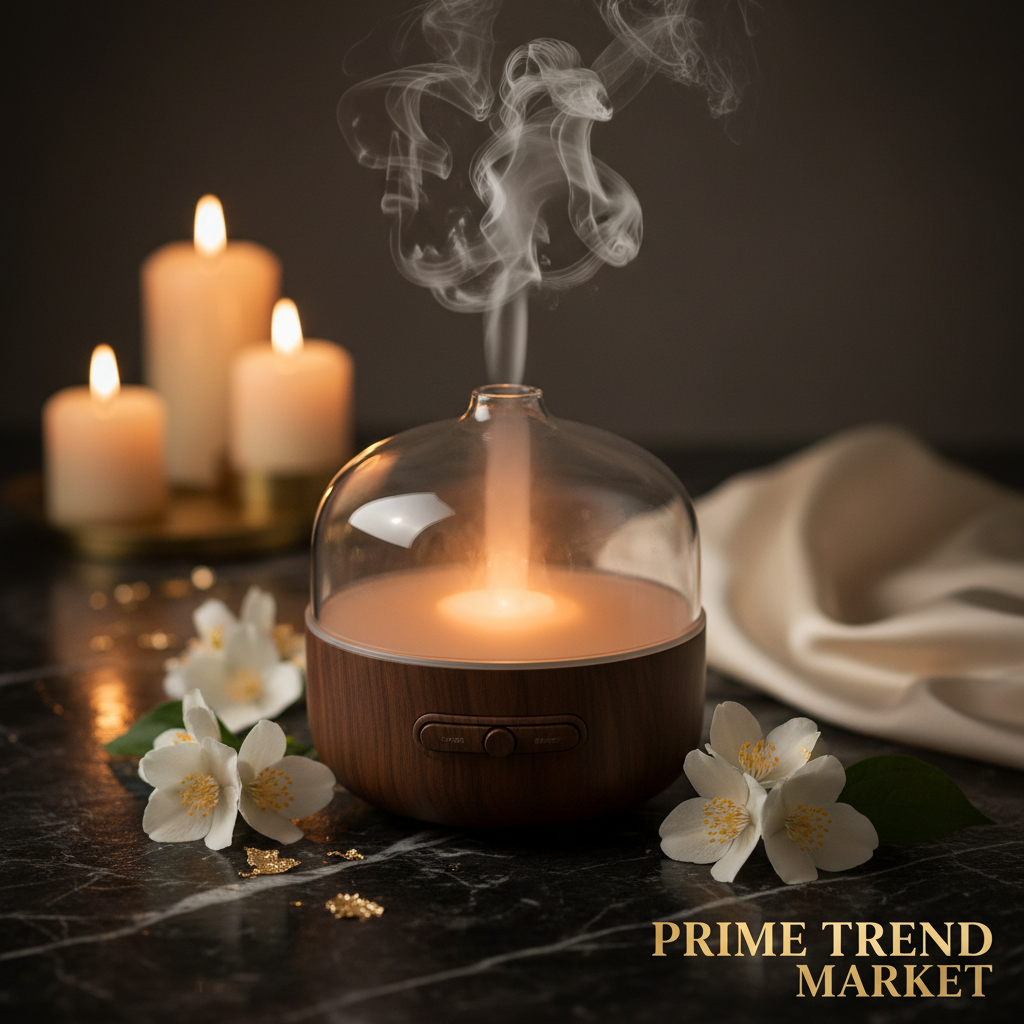 Luxury solid wood glass aroma diffuser humidifier on dark marble with jasmine flowers and warm mist