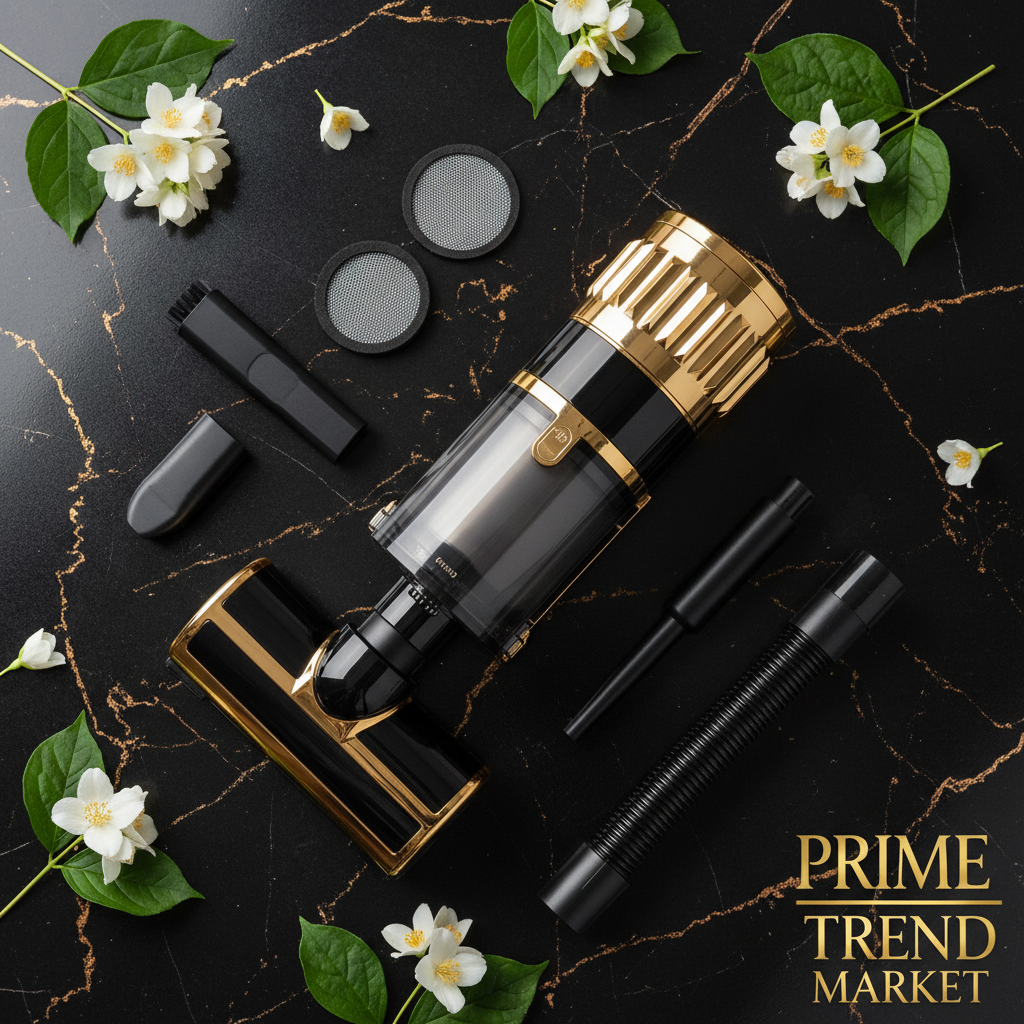 Top-down flat lay of black gold car vacuum with nozzles and filters on black marble with jasmine - Prime Trend Market