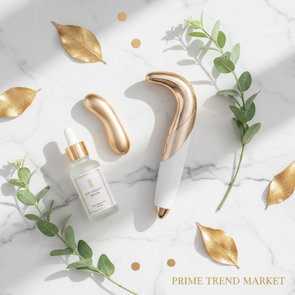 Anti-Aging Power Trio flat lay — EMS Wand, Eye Massager & Serum on marble
