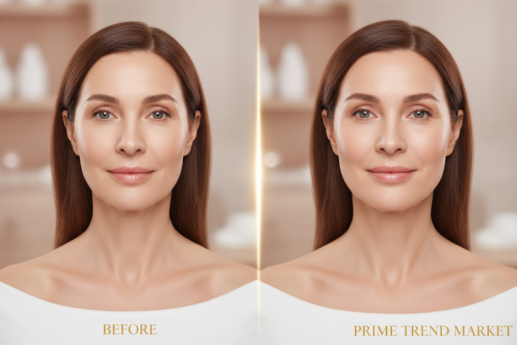 Before and after showing firmer lifted jawline and neck after using tightening device — Prime Trend Market