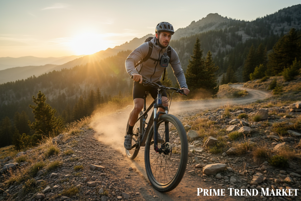 Male cyclist on mountain trail with 4K anti-shake pocket camera clipped to jacket at golden sunset