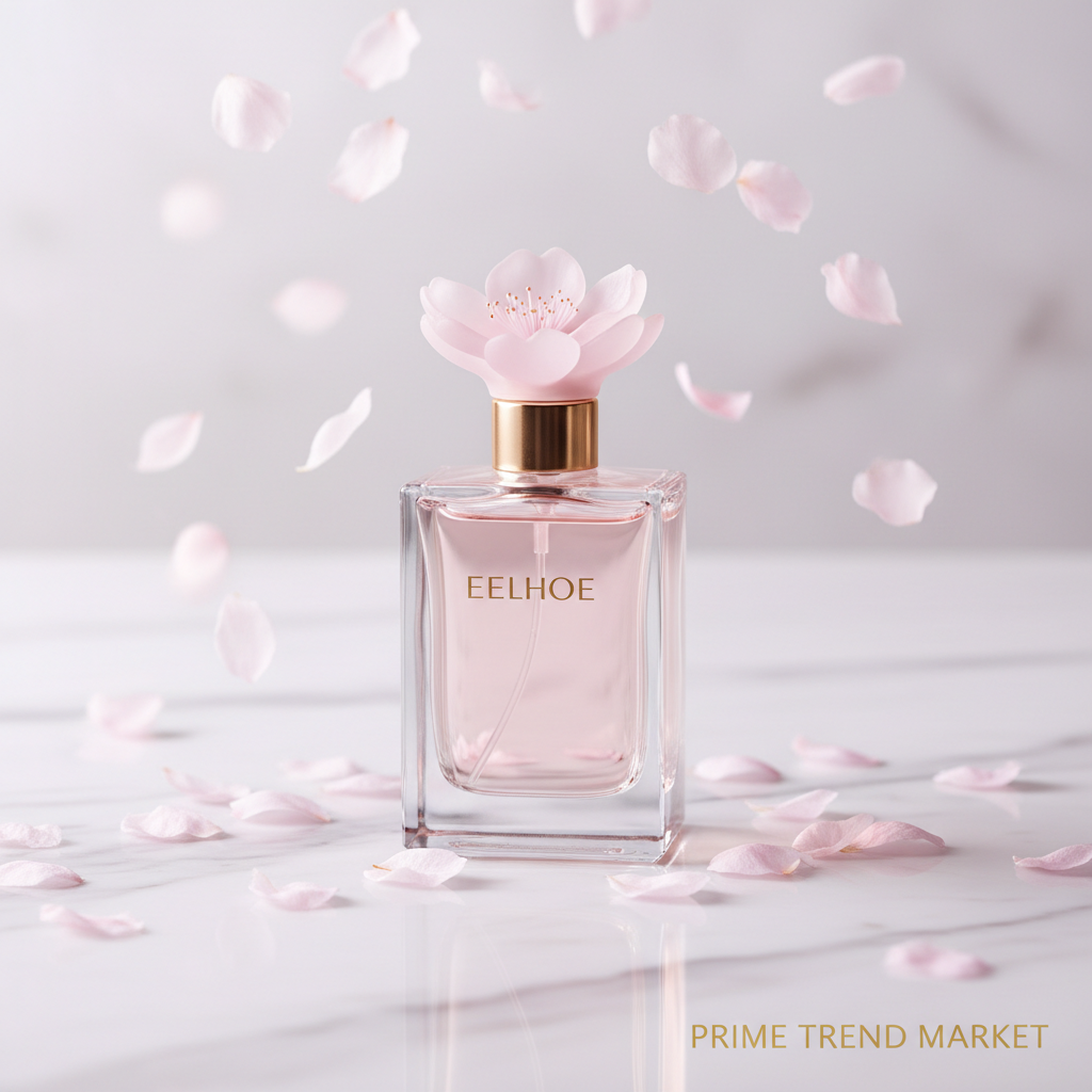Cherry blossom perfume on white marble with pink sakura petals