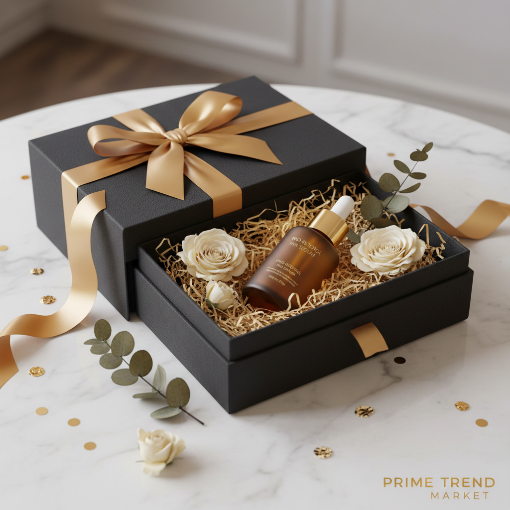Pro-retinol face serum in premium black gift box with gold ribbon dried flowers and gold confetti on white marble