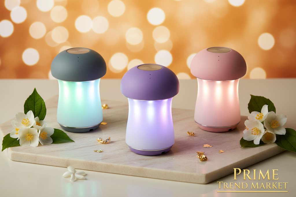 Jellyfish Bluetooth Speaker - All 3 colors Gray Purple Pink flat lay on marble