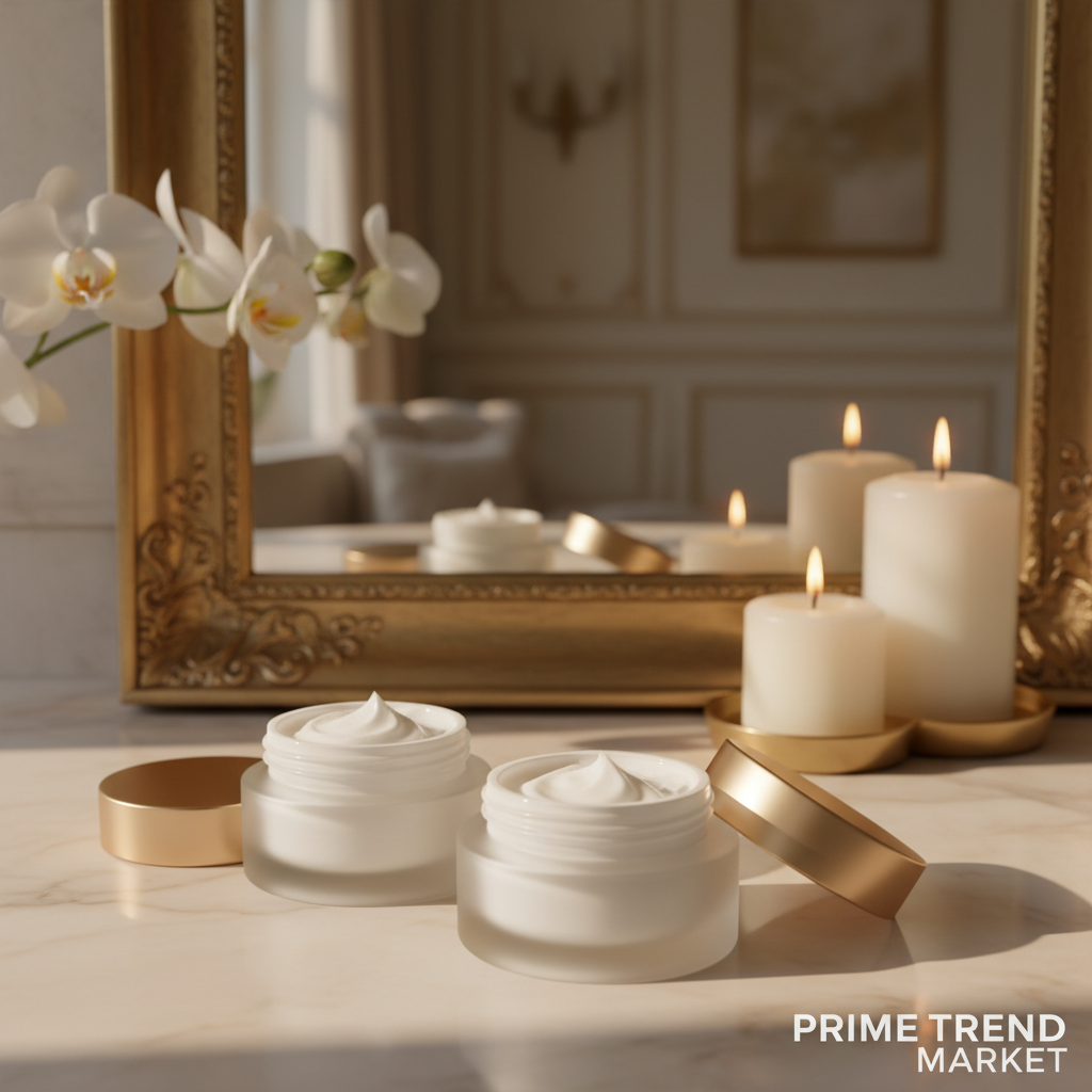 Luxury Anti-Wrinkle Massage Cream open jars showing rich cream texture on vanity