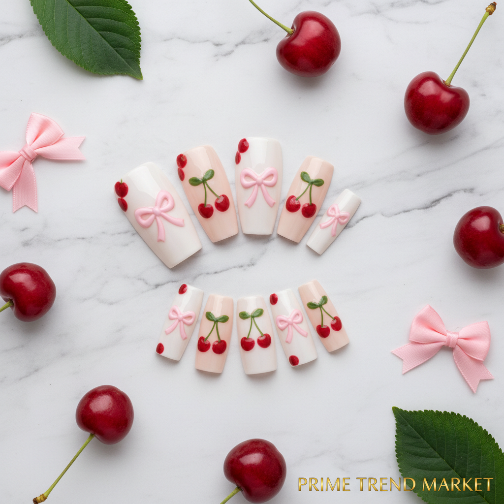 Cherry bow nail art press-on nails flat lay on white marble with fresh red cherries and pink bow accessories
