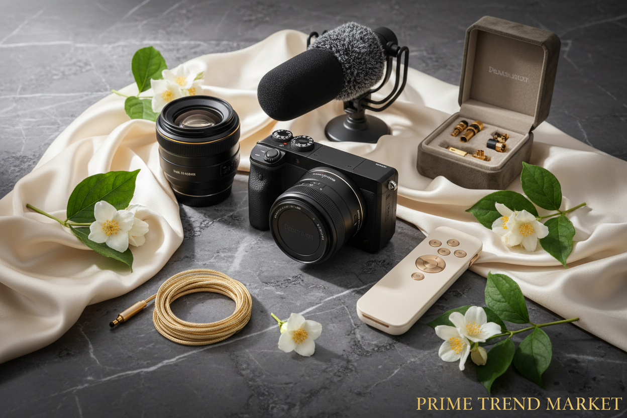 Full 4K vlogging camera set unboxed with all accessories on marble
