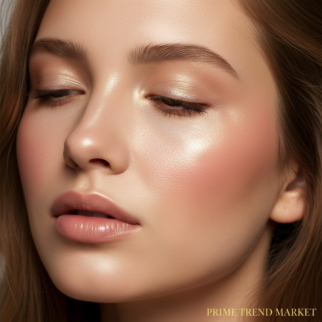 Glowing face with highlighter and blush