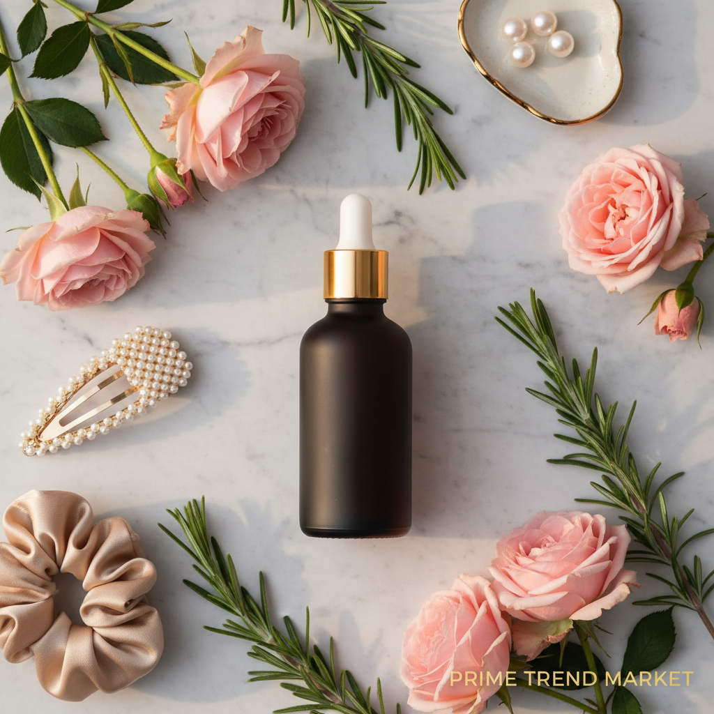 East Moon Hair Serum with rosemary sprigs and pink roses on marble — Prime Trend Market