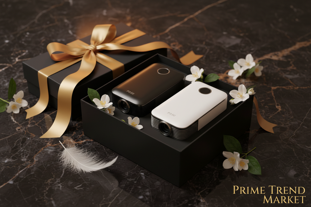 P330 Ultra-Light Mini Projector luxury gift box with feather emphasizing 216g weight — Prime Trend Market