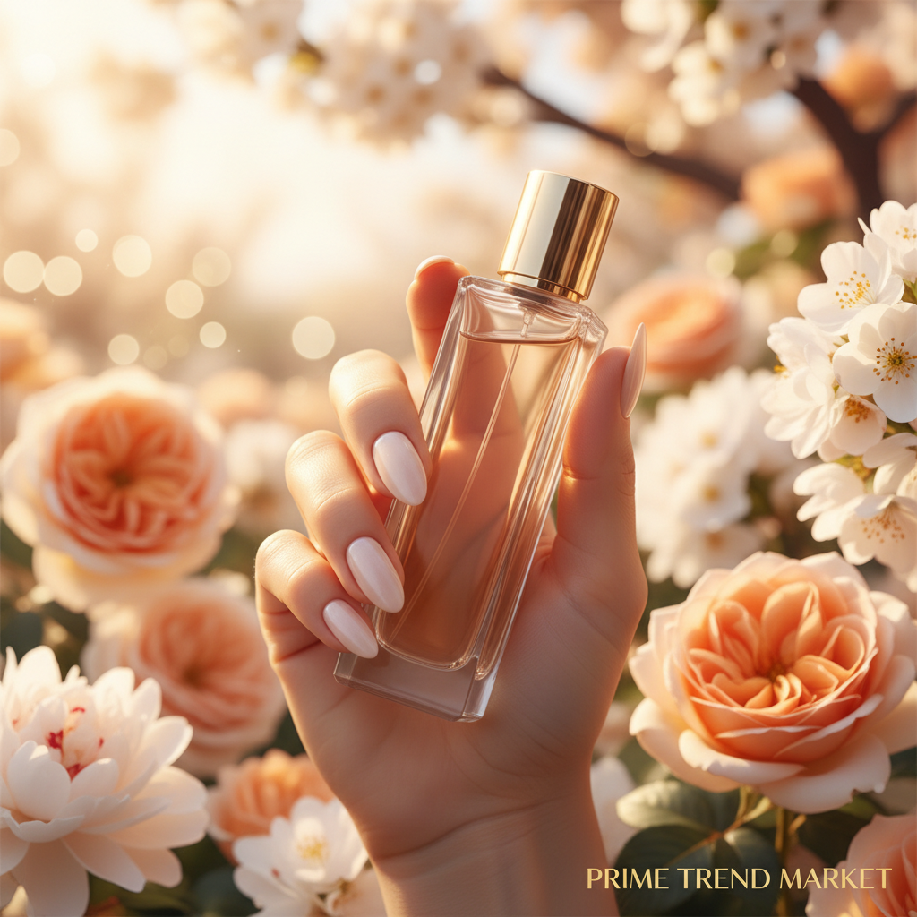 Woman holding Holiday Roaming perfume bottle in floral garden